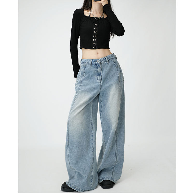 High Waist Loose Wide Leg Draping Denim Trousers Slimming Mop