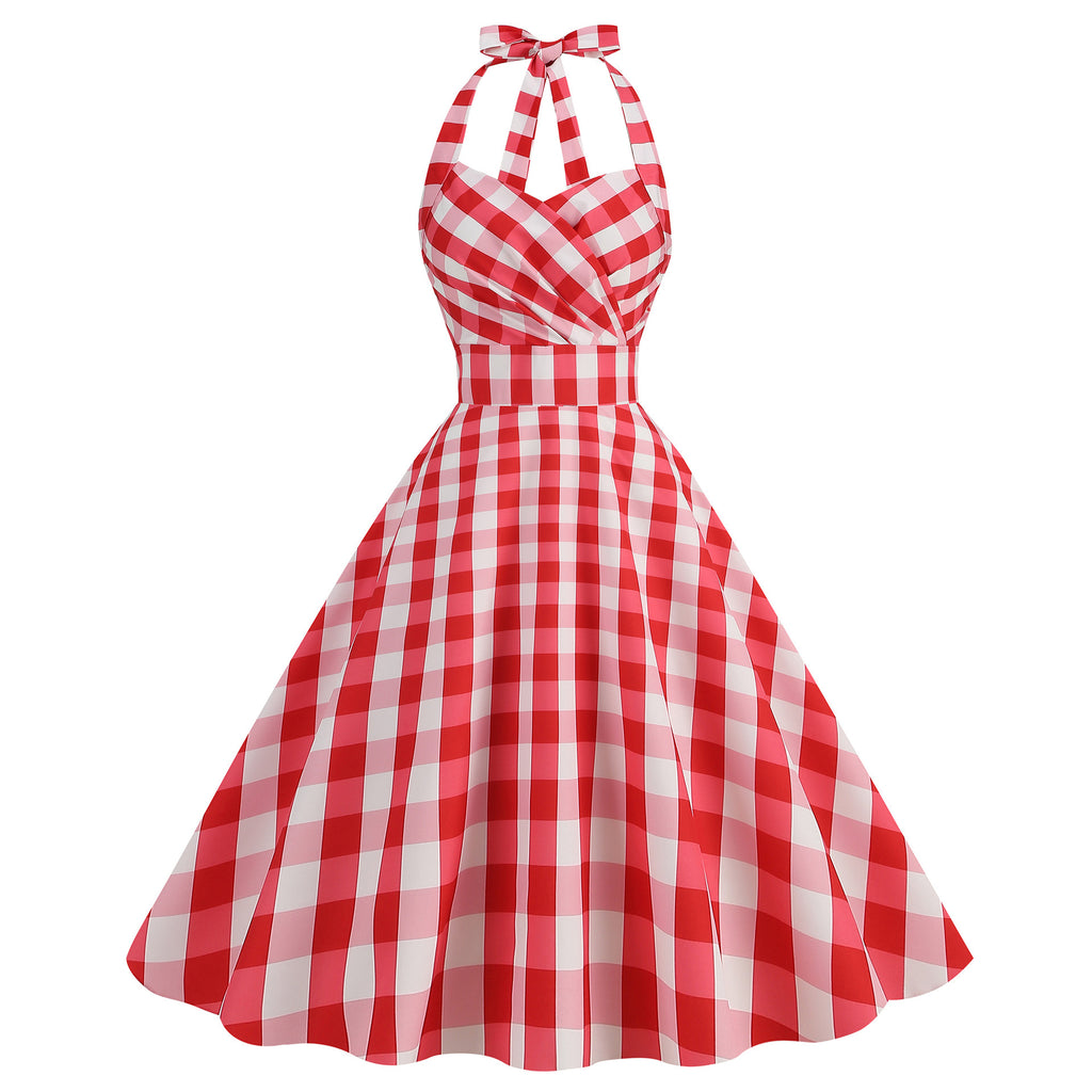 Robe Swing Imprimée Rétro Sexy Moulante à Col Halter et Poitrine Enveloppante