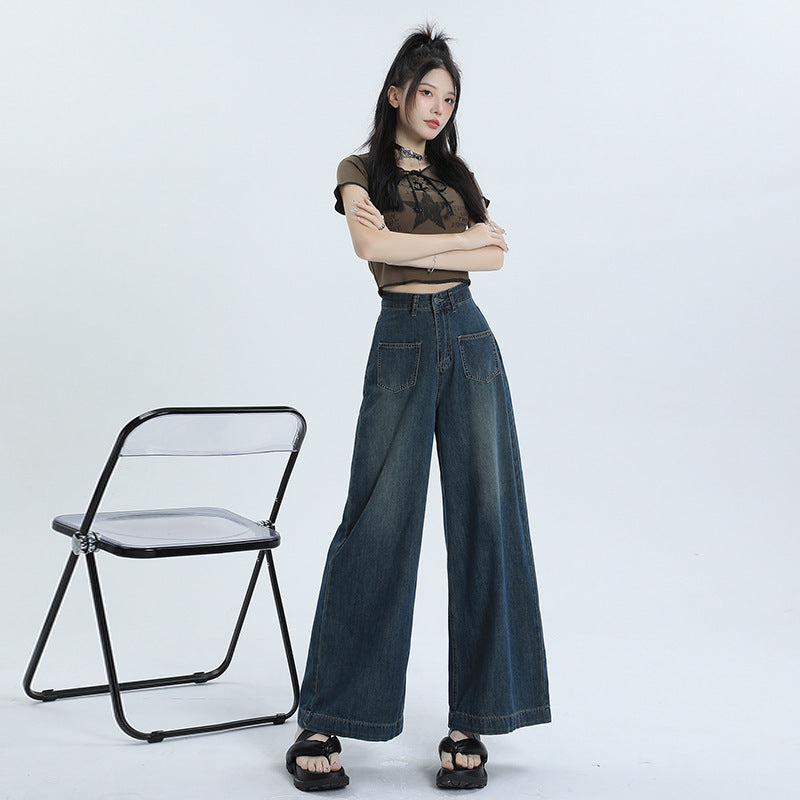 Women's Retro Blue High Waist Loose Straight Denim Pants