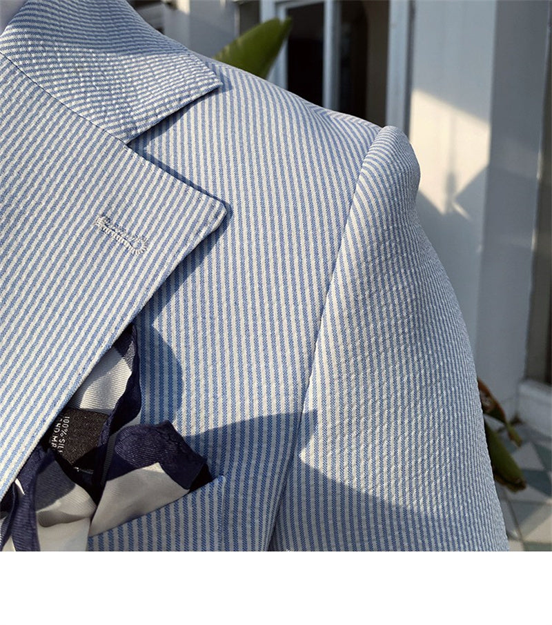 Costume pour homme en seersucker fin rayé bleu
