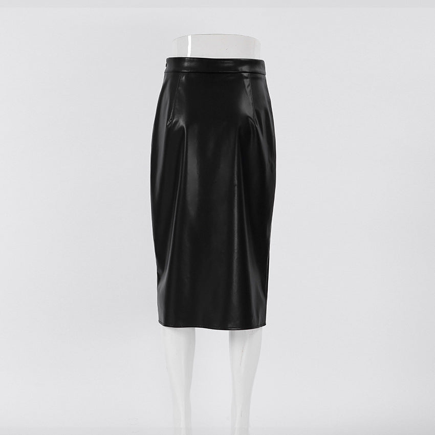 European & American High Waist Black PU Leather Split Skirt