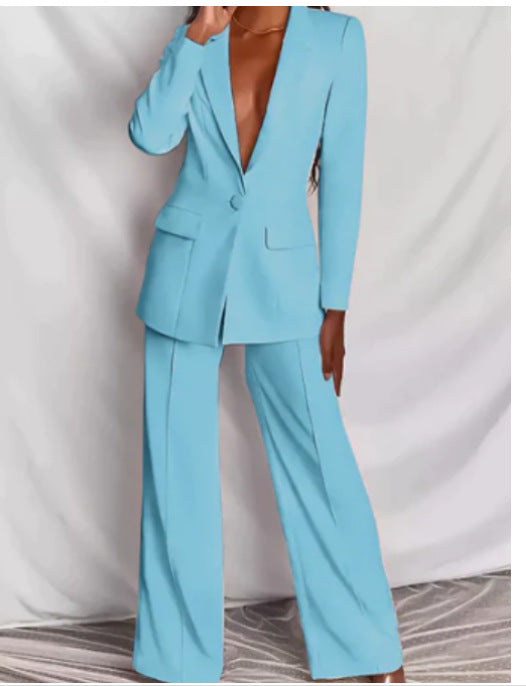 Ensemble blazer décontracté à revers et boutons et pantalon droit pour femme (2 pièces)