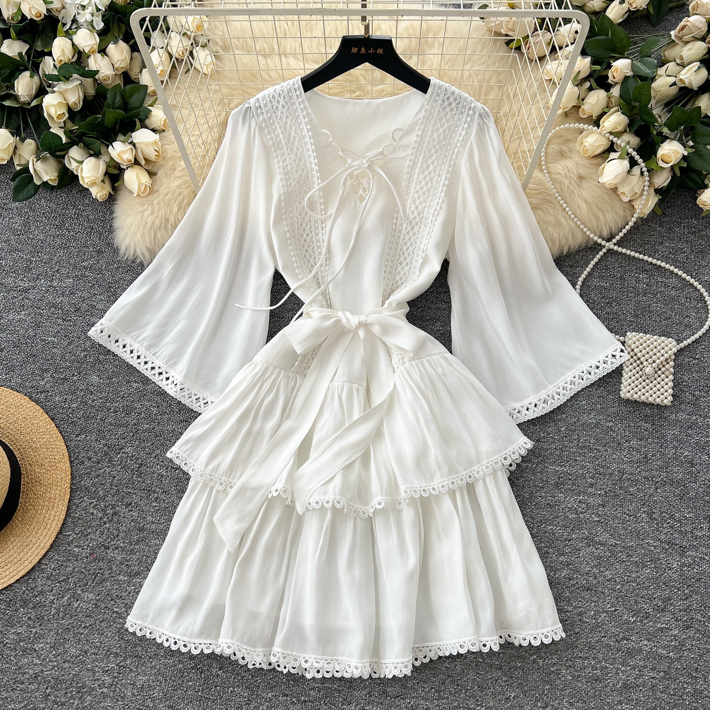 Retro Lace Up Bell Sleeve Waist Lace Stitching Loose Dress