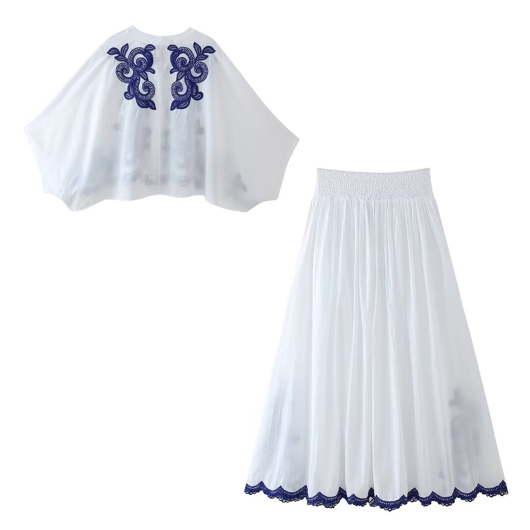 Embroidered Floral Skirt Suit for Women Polyester