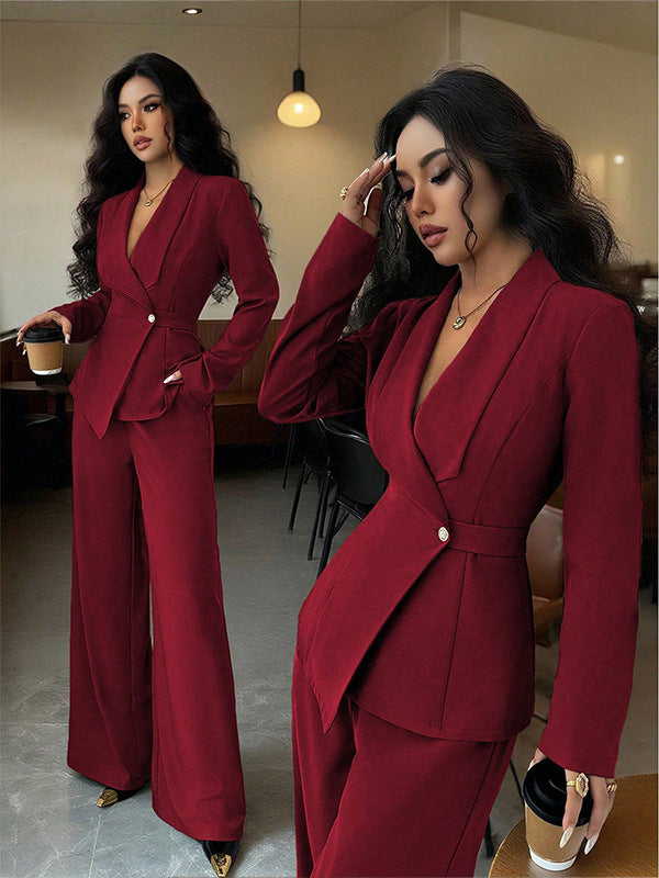 Women's Long-Sleeve Suit Jacket with Straight-Leg Pants Set