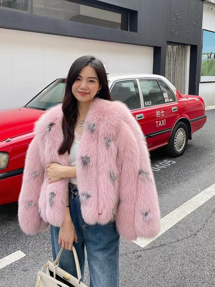 Whole Fox Fur Coat in Black, Pink & Apricot, Sizes S-XL