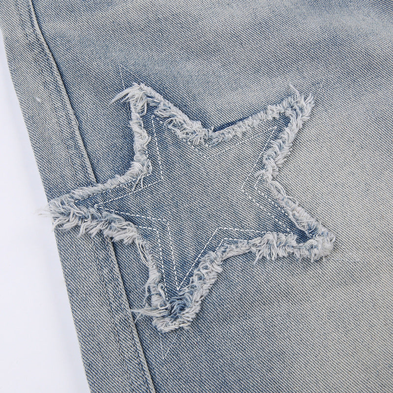Embroidered High Waist Straight Leg Denim Jeans