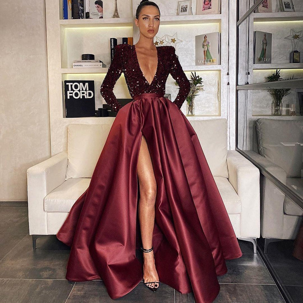 Robe de soirée longue à manches longues et col en V à paillettes pour femme, disponible en plusieurs couleurs