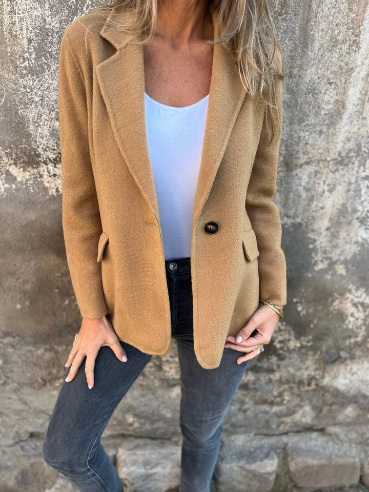 Women's Short Button Lapel Woolen Blazer Winter Commuter Jacket