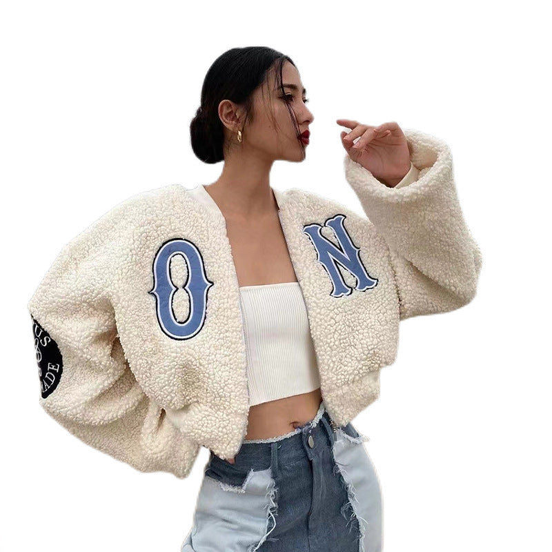 Women's Slim Fit Apricot Letter Embroidered Jacket with Flared Sleeves