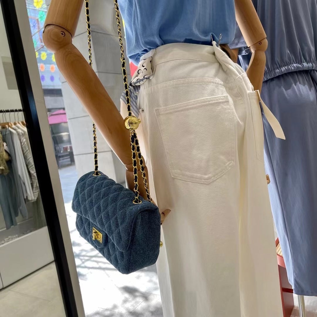 Blue Denim Small Square Chain Bag with Golden Ball Chain