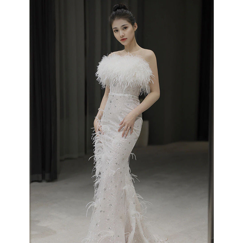 Women's Linen Feather Sleeveless Sexy Party Dress with Open Back