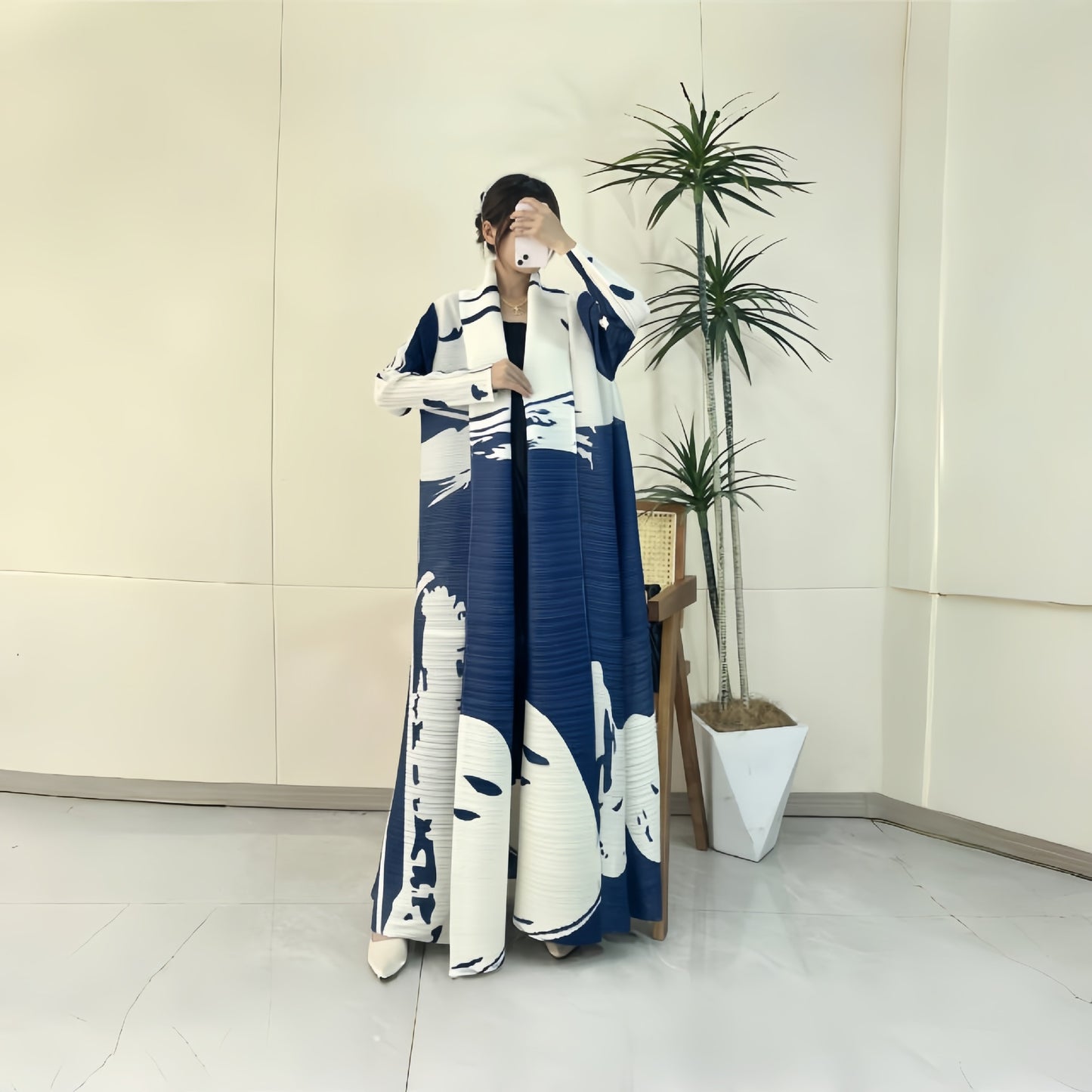 Pleated Print Fashionable All-match Lace-up Loose Arabian Abaya Robe