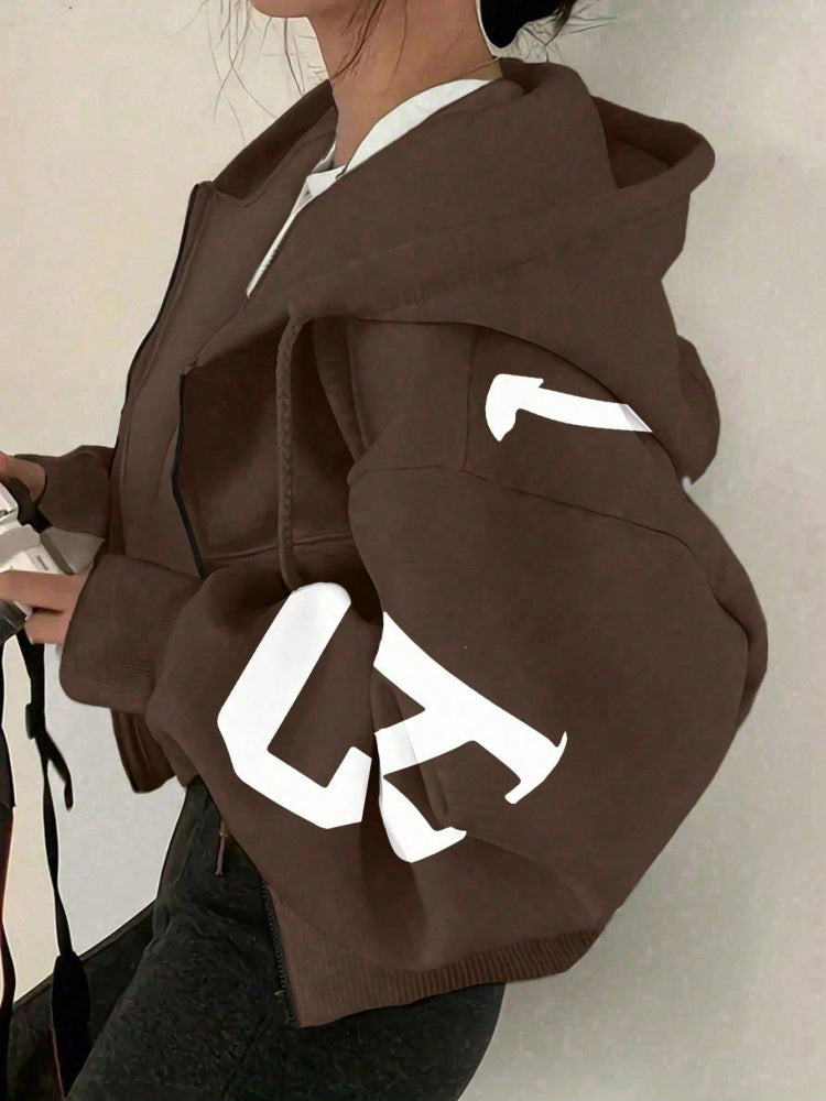 Women’s Long-Sleeve Zip-Up Casual Sweatshirt with Printed Design