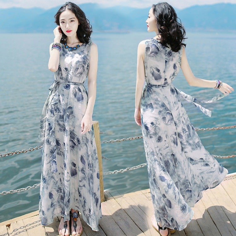 Robe longue bohème sans manches imprimée avec taille élastique pour femme