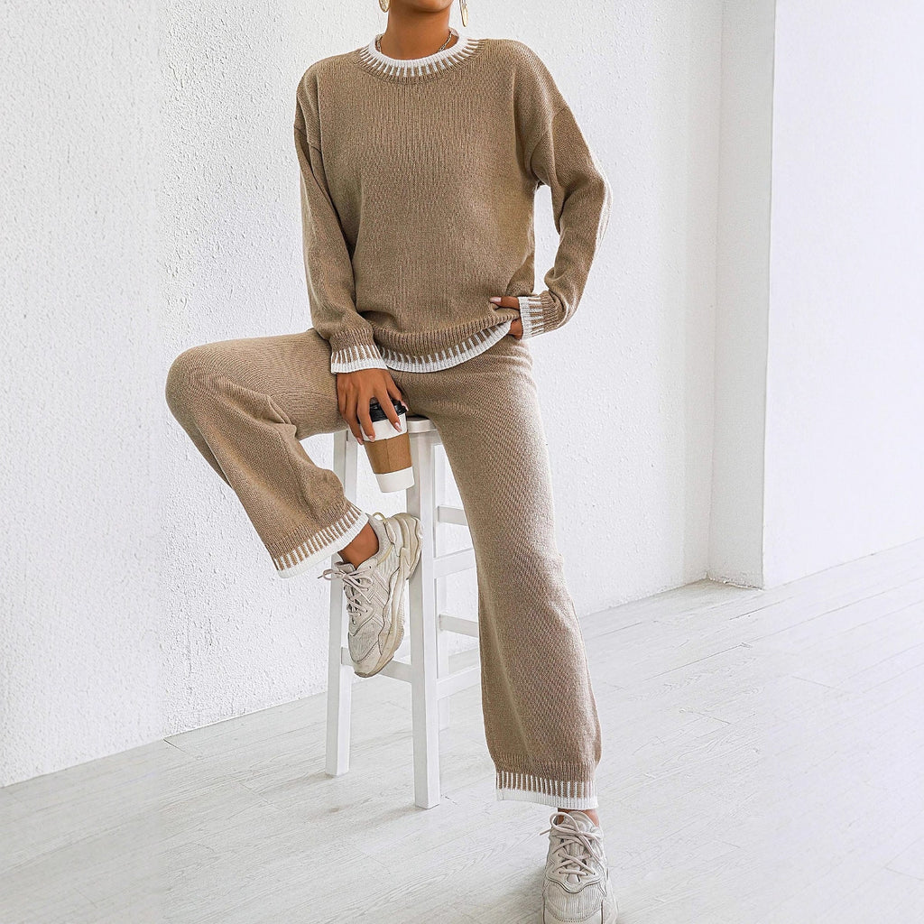 Women's Khaki & Black Woven Suit Pullover with Wide-Leg Pants