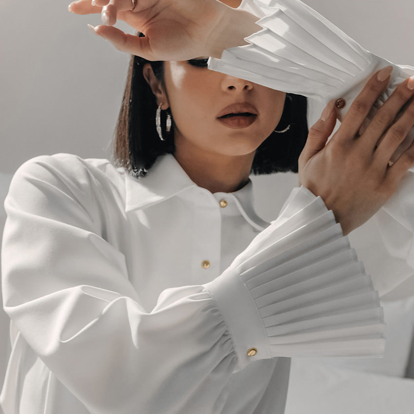 Elegant White Ruffled French Style Business Shirt for Women