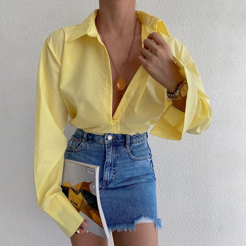 Women's Loose Casual Long-Sleeve Shirt in White, Yellow & Green