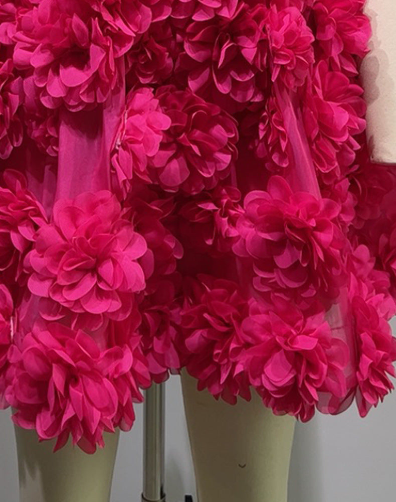European & American Women's Handmade Dark Pink Flower Gauze Dress Short Sleeve