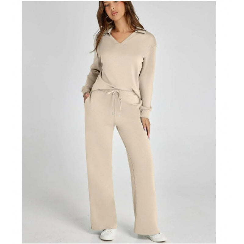 Women's V-Neck Tracksuit Set Long Sleeve Pullover & Drawstring Straight-Leg Trousers Solid Colors