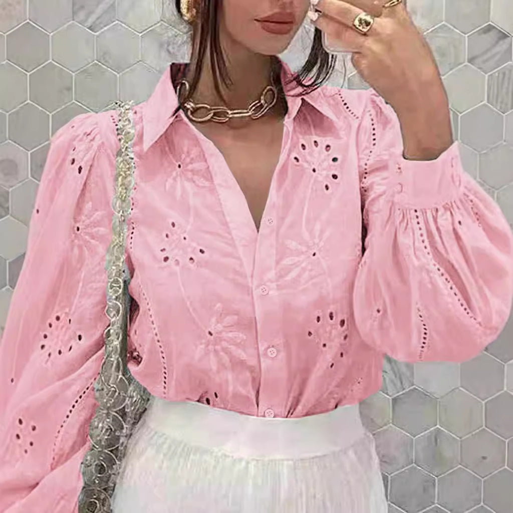 Women's Embroidered Single-Breasted Long-Sleeve Lapel Shirt