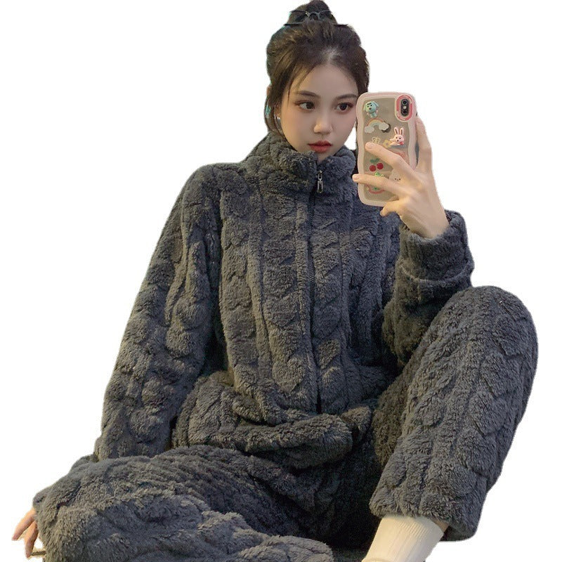 Women's Winter Woolen Flannel Pajamas with Cardigan and Stand Collar