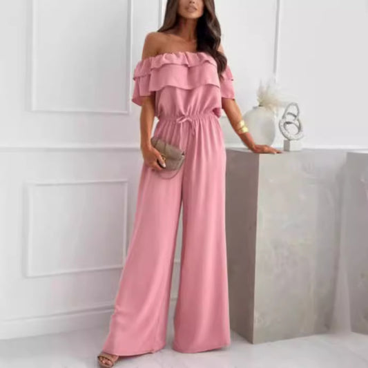 Ruffled Short Sleeves Elastic And Waisted Wide Leg Jumpsuit Trousers