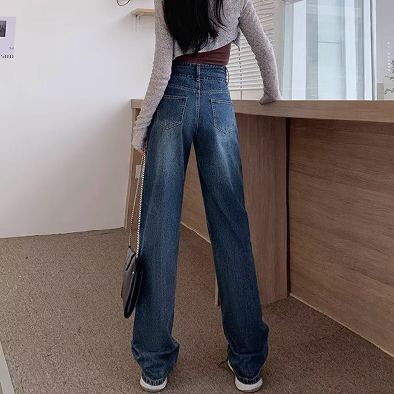 Retro Blue High Waist Straight Wide Leg Jeans Plus Size Women