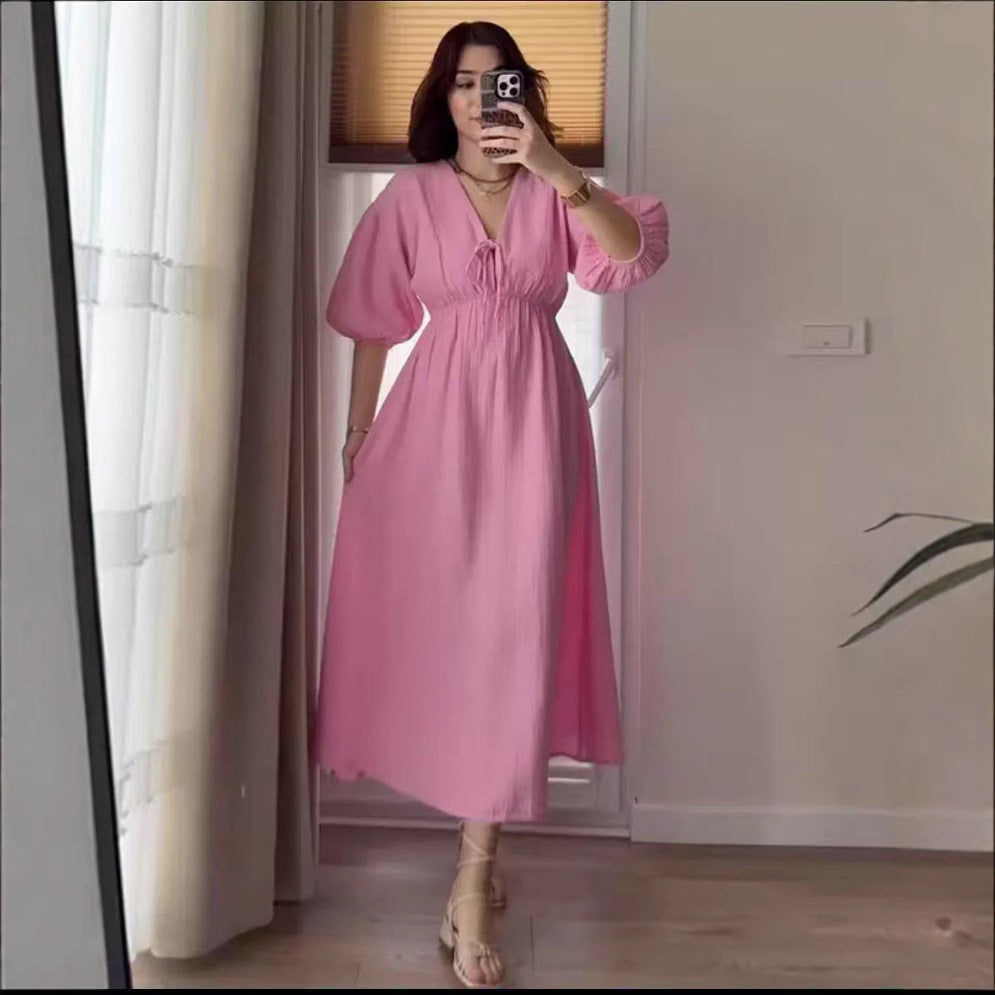 Women's Sweet V-Neck Puff Sleeve Short Dress in Multiple Colors