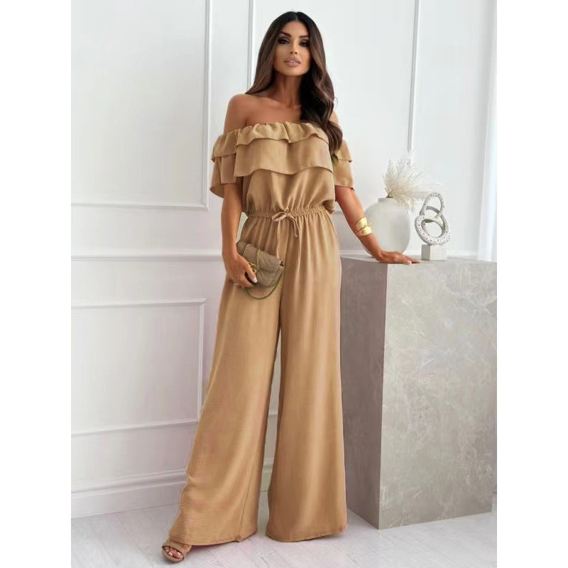 Ruffled Short Sleeves Elastic And Waisted Wide Leg Jumpsuit Trousers