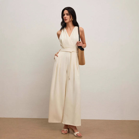 Women's Solid Color And V-neck Sleeveless Fashion Casual Jumpsuit