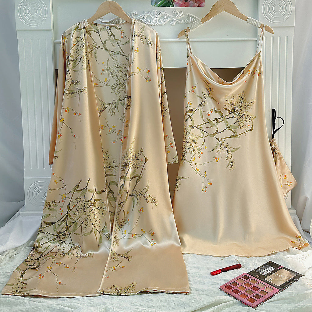 Ensemble de pyjama en soie artificielle avec short, motif petites cerises imprimées