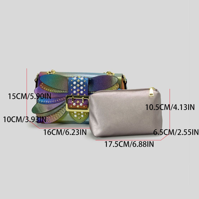 Contrast Color Rivet Butterfly Wings PU Handbag Crossbody Bag