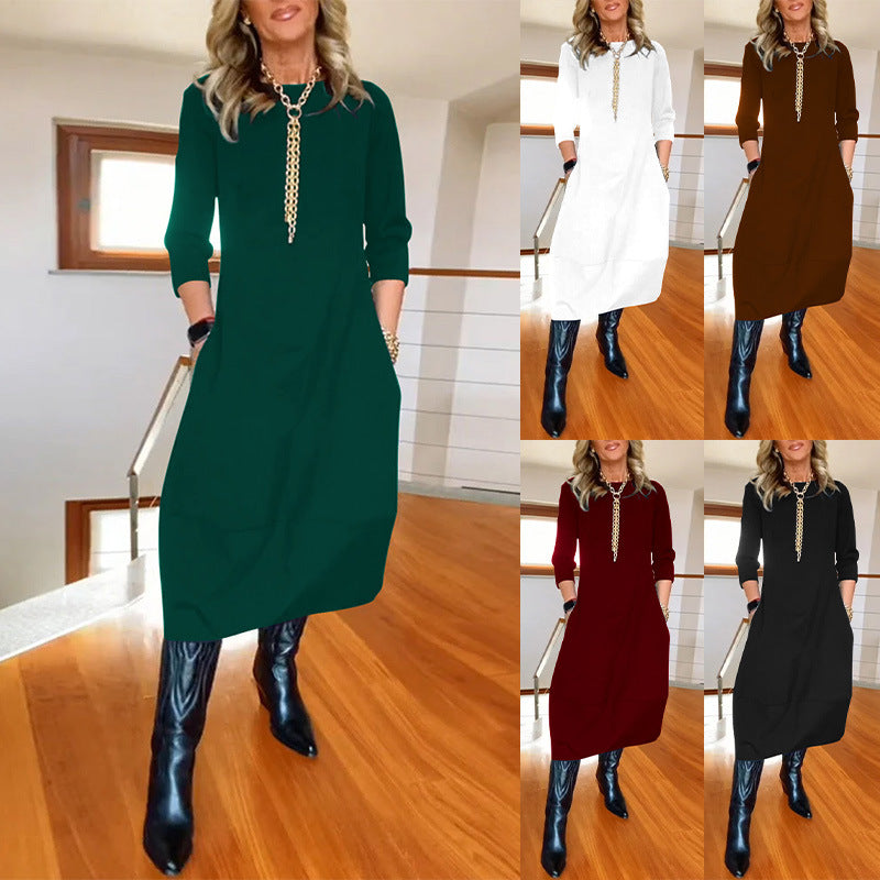 Robe unie ample à col rond et manches longues pour femme – Collection automne-hiver