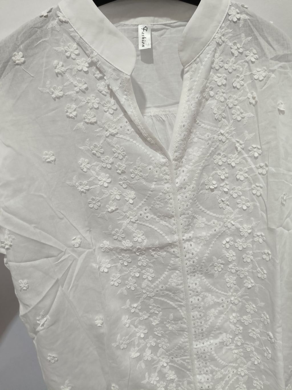 Women's V-Neck Stand Collar Embroidered Lace Blouse Shirt White Polyester