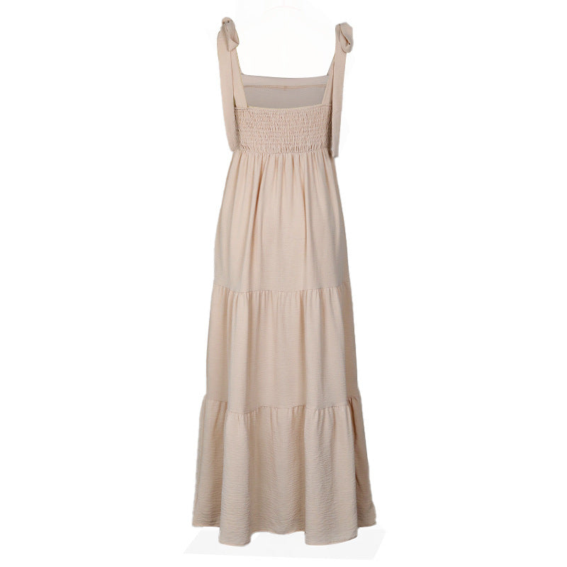 Women's Apricot Backless Solid Color Sling Dress Mid-Length