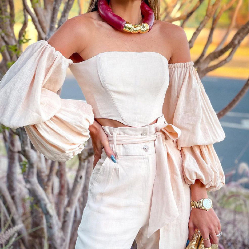 Cotton And Linen Off-shoulder Top Casual Pants Suit