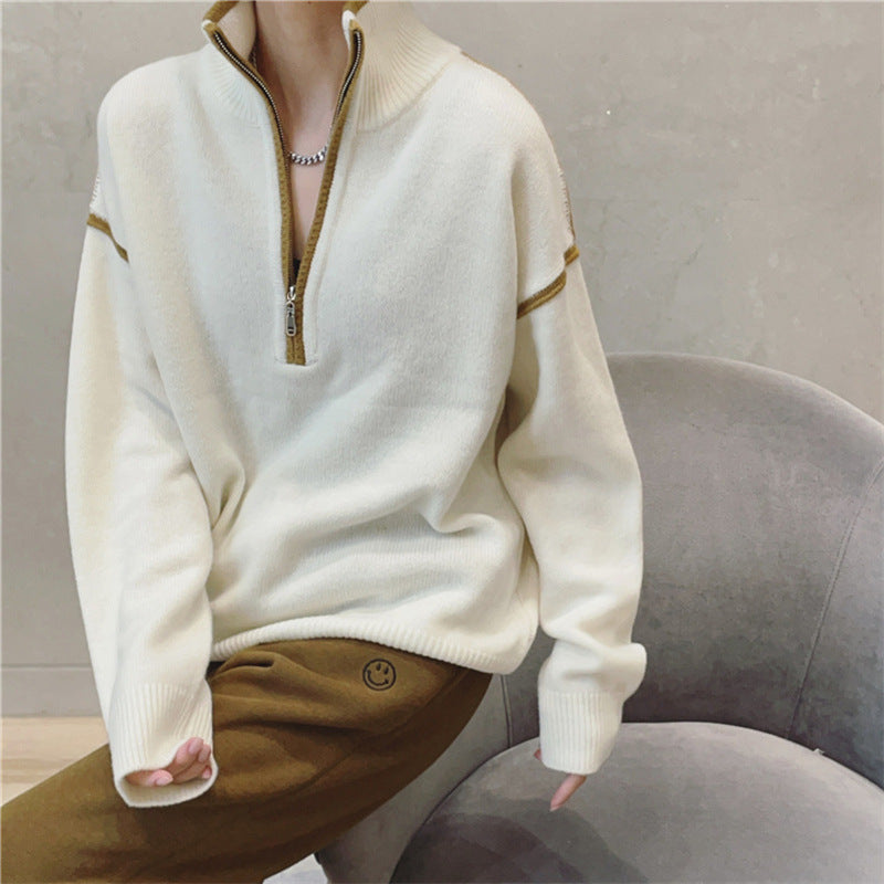 Stand Collar Zipper Loose Multicolor Fashion Sweater Women