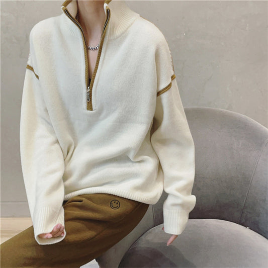 Stand Collar Zipper Loose Multicolor Fashion Sweater Women