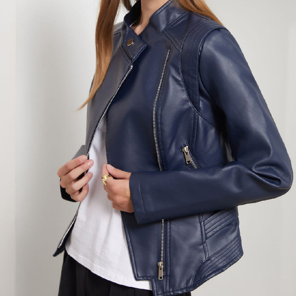 Women’s Slim-Fit PU Lapel Leather Coat with Pockets