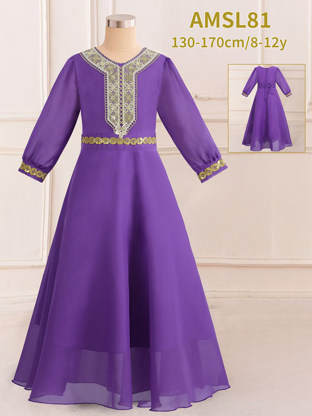Robe de princesse bouffante violette en mousseline à manches longues pour fille avec ruban