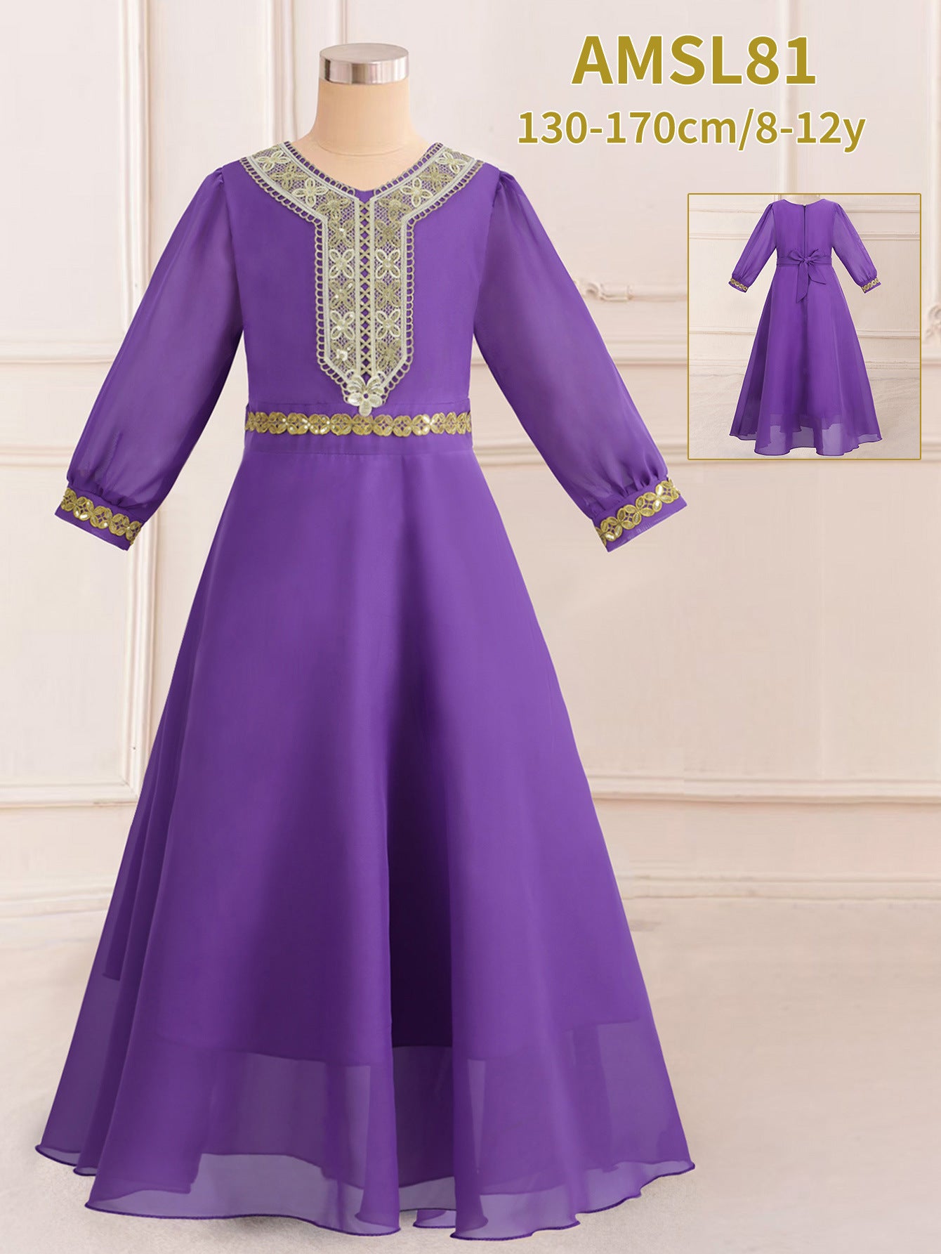 Robe longue bouffante violette en mousseline de soie à manches longues pour fille, ornée de rubans, style princesse du Moyen-Orient