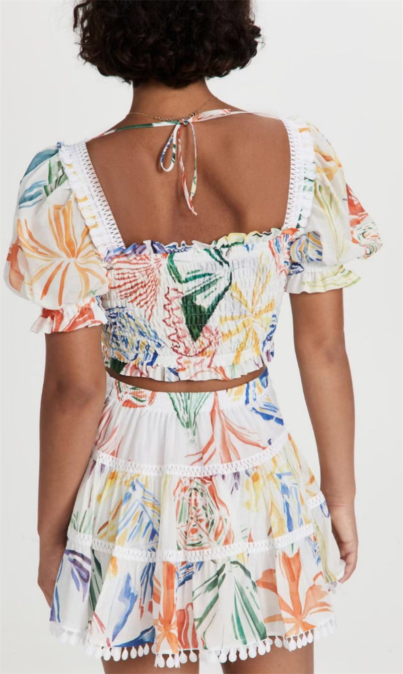 Women's Printed Square Neck Puff Sleeves High Waist Slim Top Skirt Set