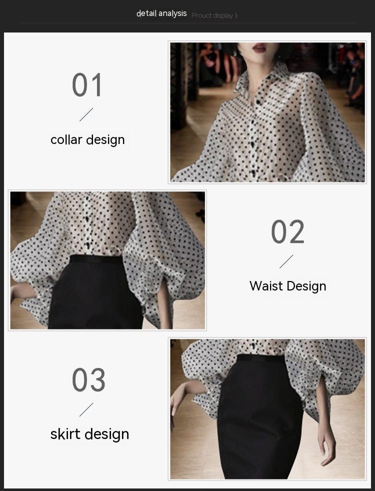 Women’s White Organza Polka Dot Lantern Sleeve Shirt