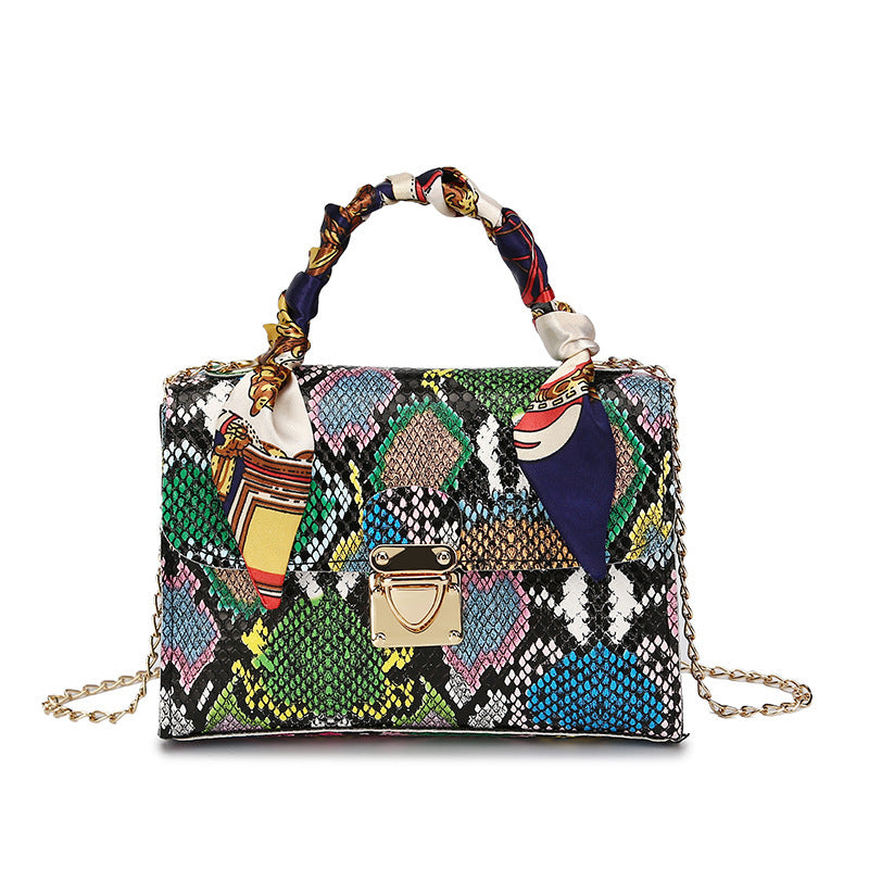Colorful Snake Print PU Leather Medium Square Handbag