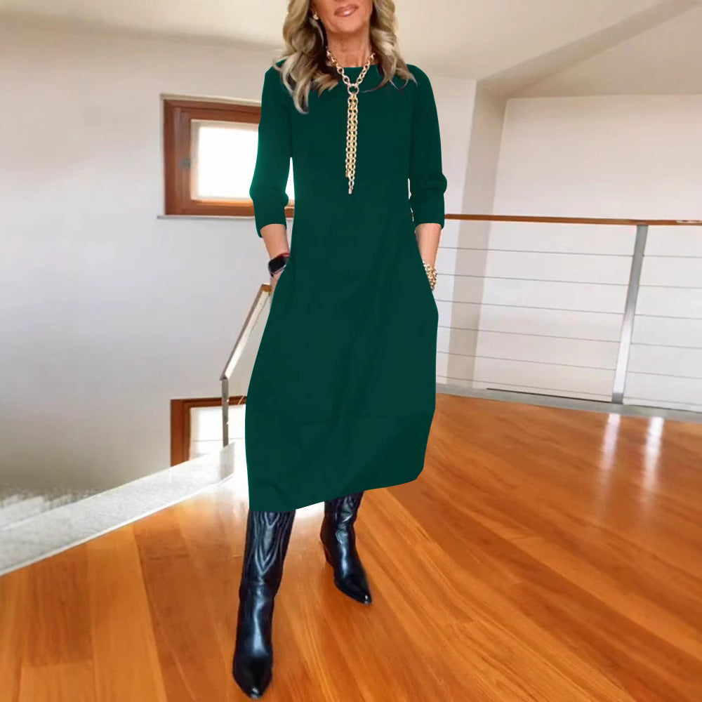 Robe unie ample à col rond et manches longues pour femme – Collection automne-hiver