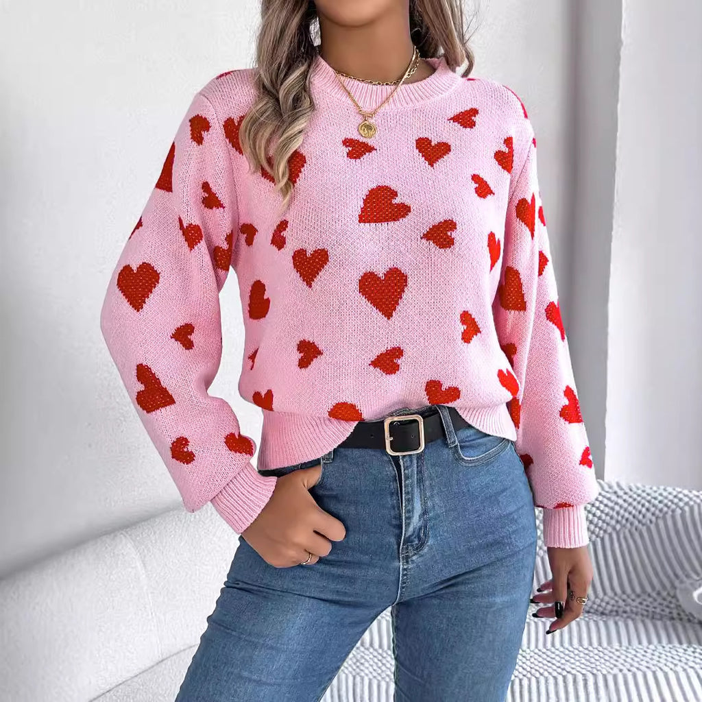 Pull tricoté à manches lanterne contrastées avec motif cœur et col rond