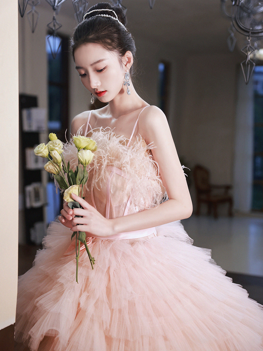 Pink Sling Light Princess Style Wedding Cake Dress Spandex Sleeveless