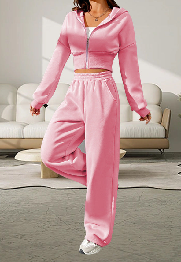 Pink Front Zip Hooded Sweatshirt And Two-piece Pants