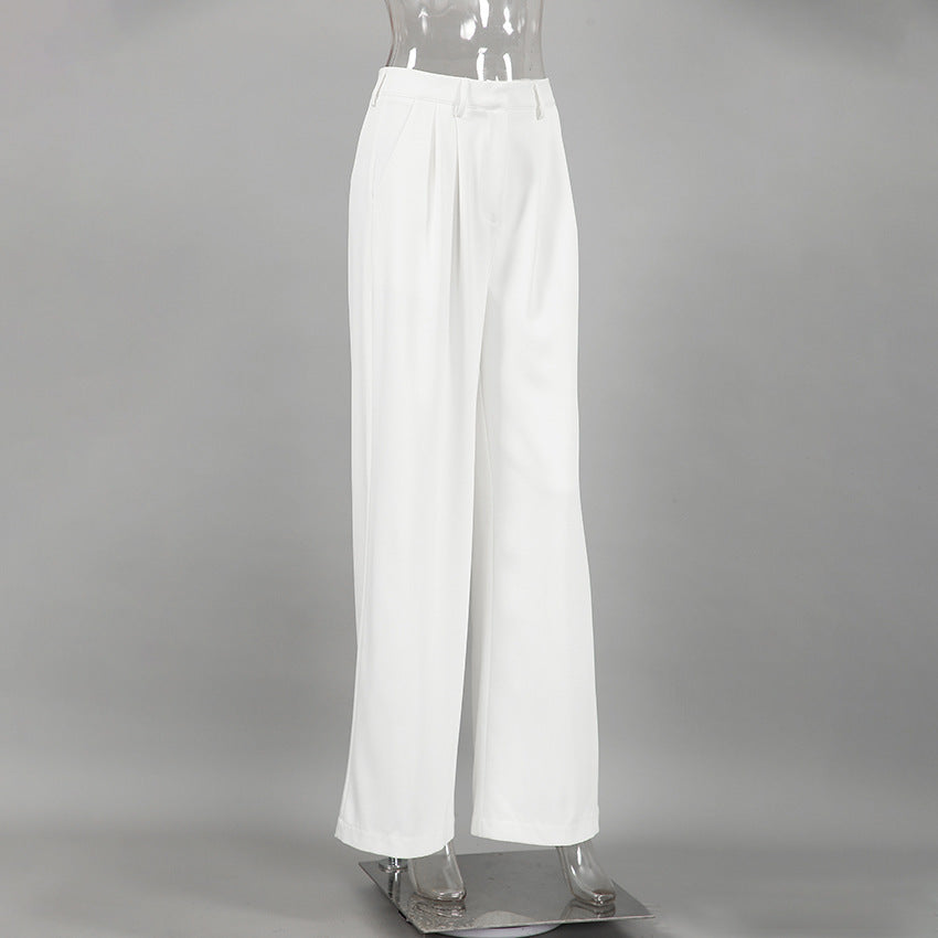 White High-Waist Straight-Leg Casual Pants